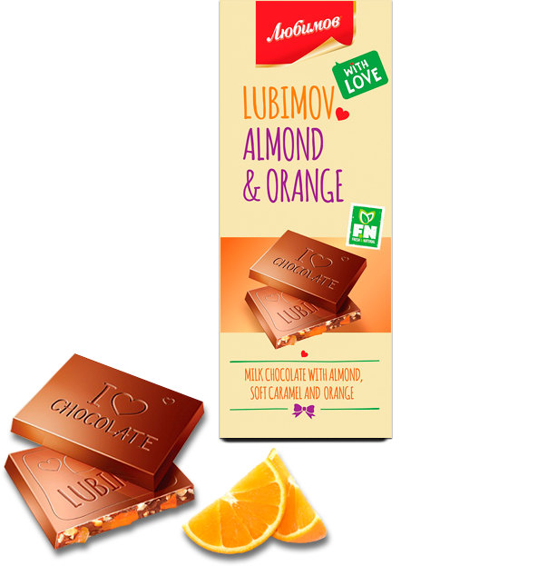 Chocolate "Lubimov" milk chocolate with almonds and candied fruit